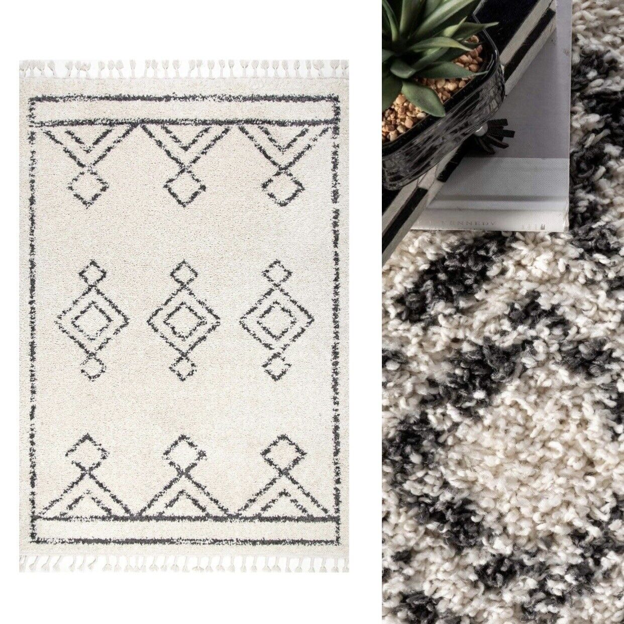 NEW West Elm White Black Boho Tassel Geometric Shag Area Rug Carpet - 5' x 8'