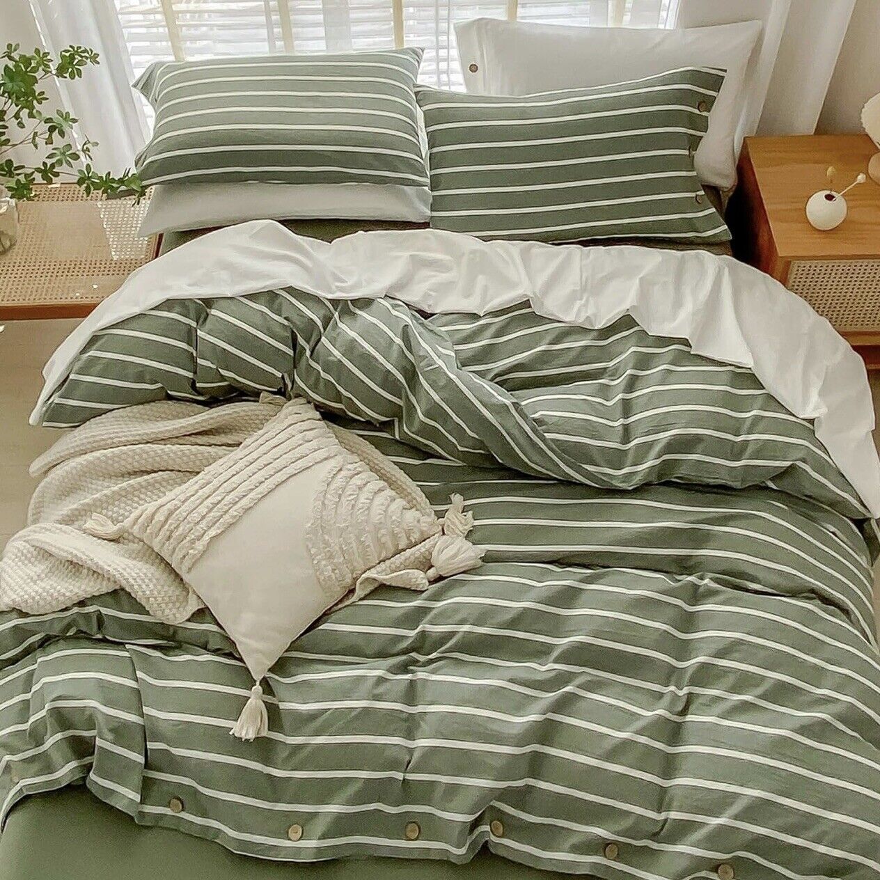 NEW West Elm Boho Green Stripe King Size Cotton Linen Bedding Duvet Sham Set