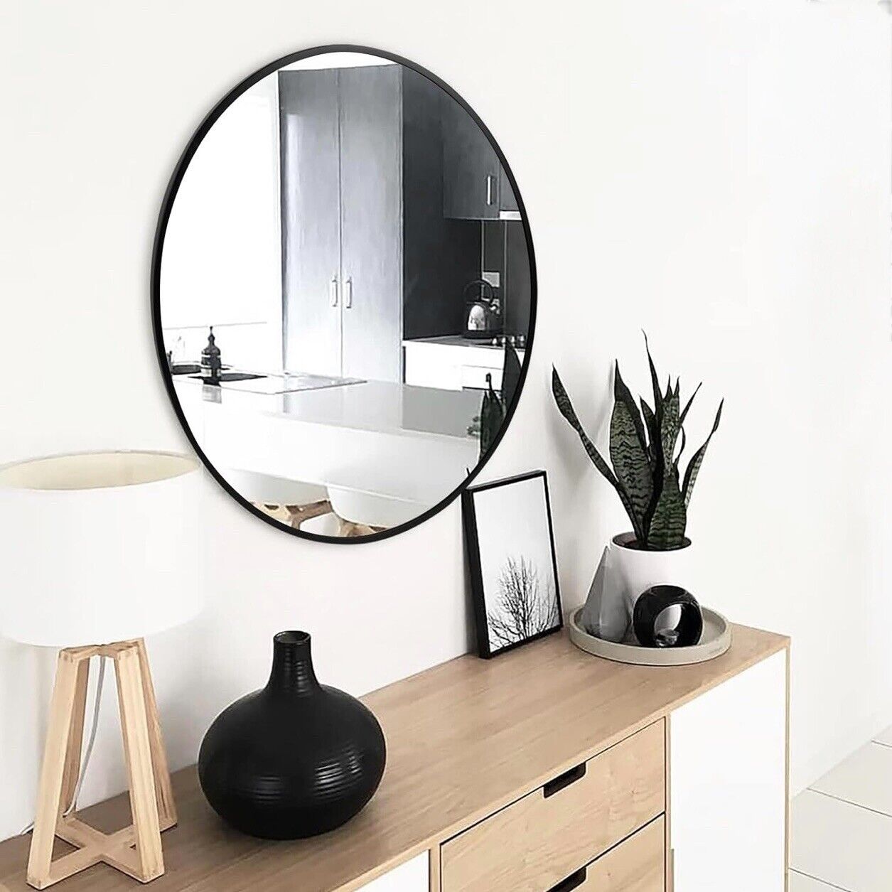 NEW West Elm Black Circle Round Matte Framed Boho Wall Entry Mirror - 20" x 20"