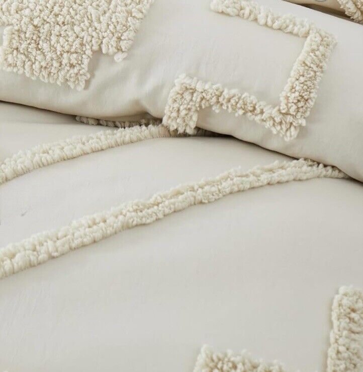 NEW Anthropologie Cream Boho Queen Size Tassel Comforter Bedding Sham Case Set