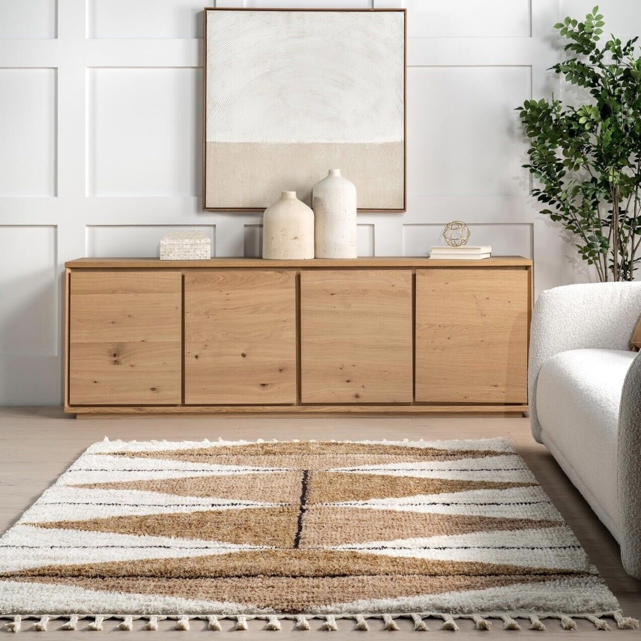 NEW West Elm White Cream Boho Tassel Geometric Shag Area Rug Carpet - 4' x 6'