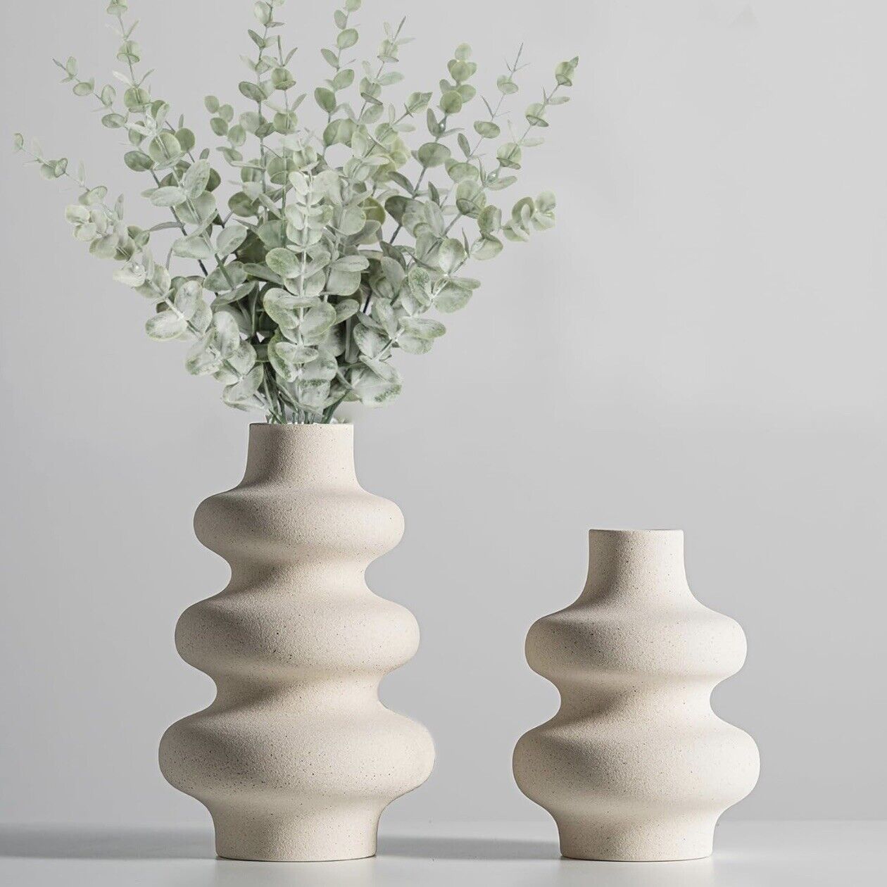 NEW West Elm Large Cream Stoneware Ceramic Geometric Flower Vase Décor Set of 2