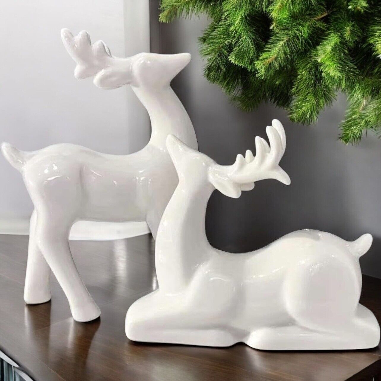 NEW Pottery Barn Modern White Ceramic Deer Holiday Christmas Figurines Set of 2