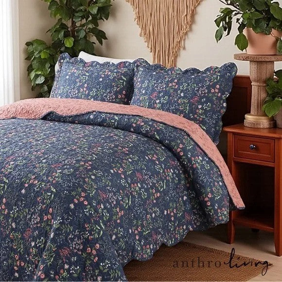 NEW Anthro Blue Floral Queen King Boho Quilt Bedding Bedspread Duvet & Sham Set
