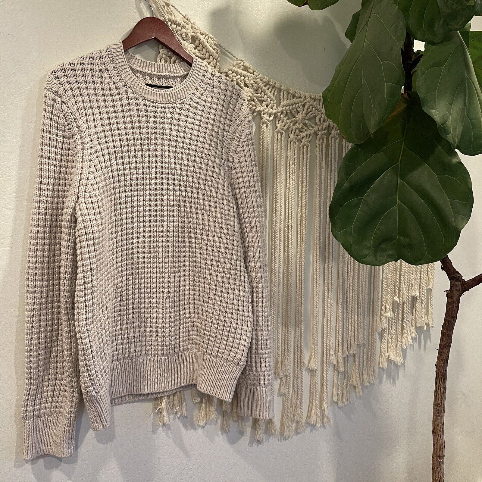 AllSaints Cream Oversized Chunky Knit Pullover Sweater Shirt | Size Large