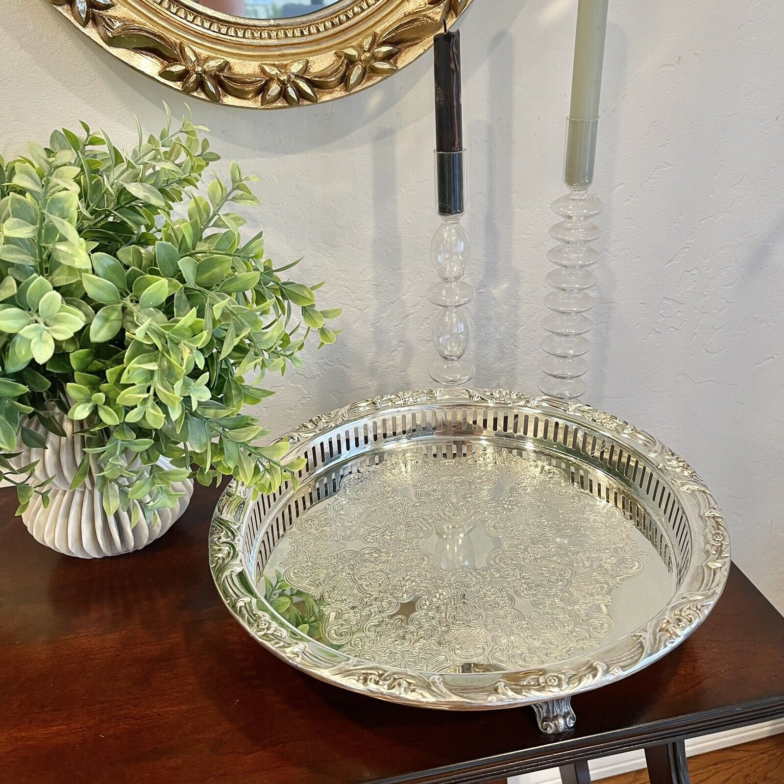 Vintage Leonard Silver Plated Antique Celtic Round Embossed Serving Tray Platter