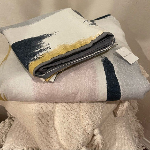 NEW Anthro White Abstract Colors Boho Cotton Queen King Bedding Duvet & Sham Set