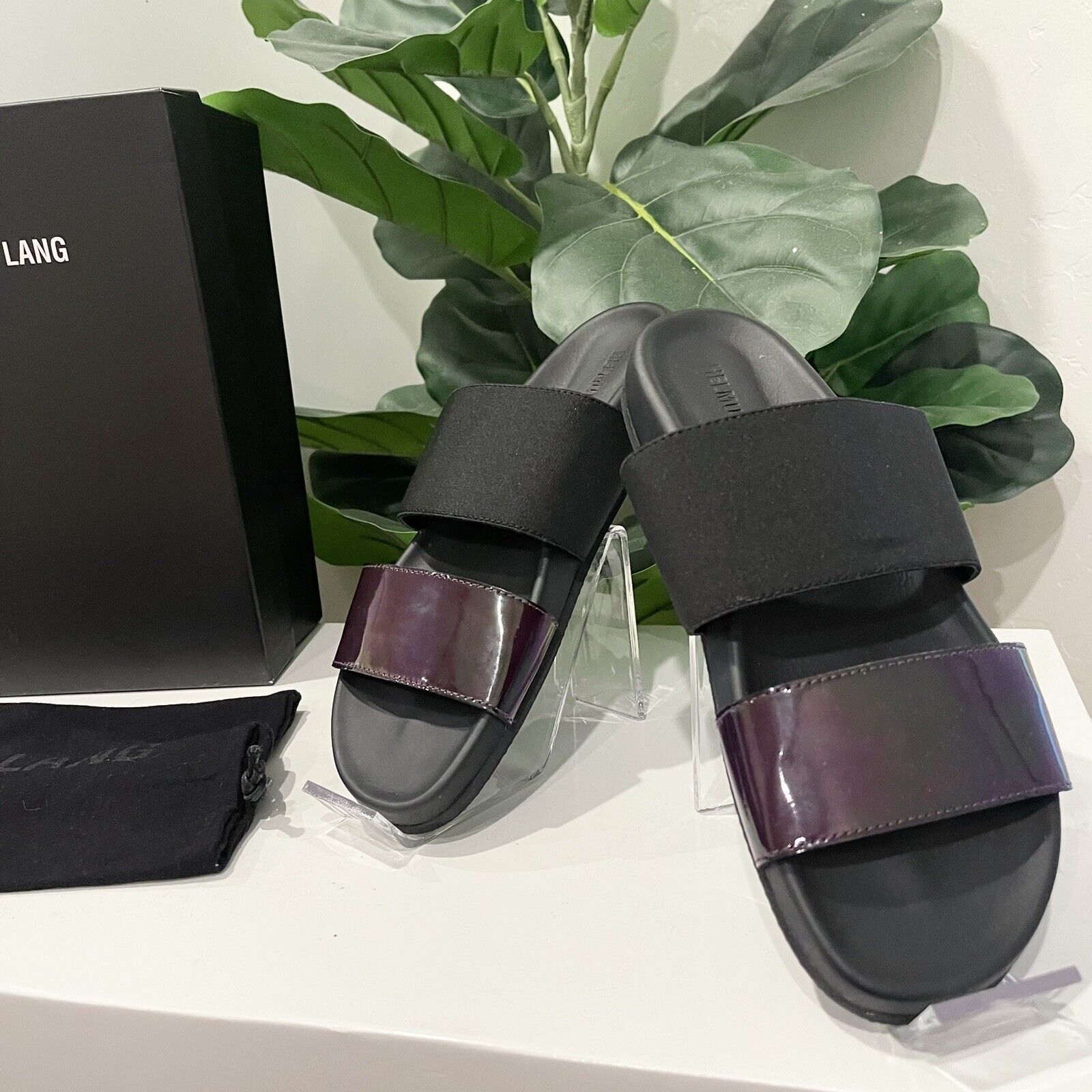 NEW Helmut Lang Black Iridescent "Oil Slick" Slides Sandals Shoes Size 8.5 / 39