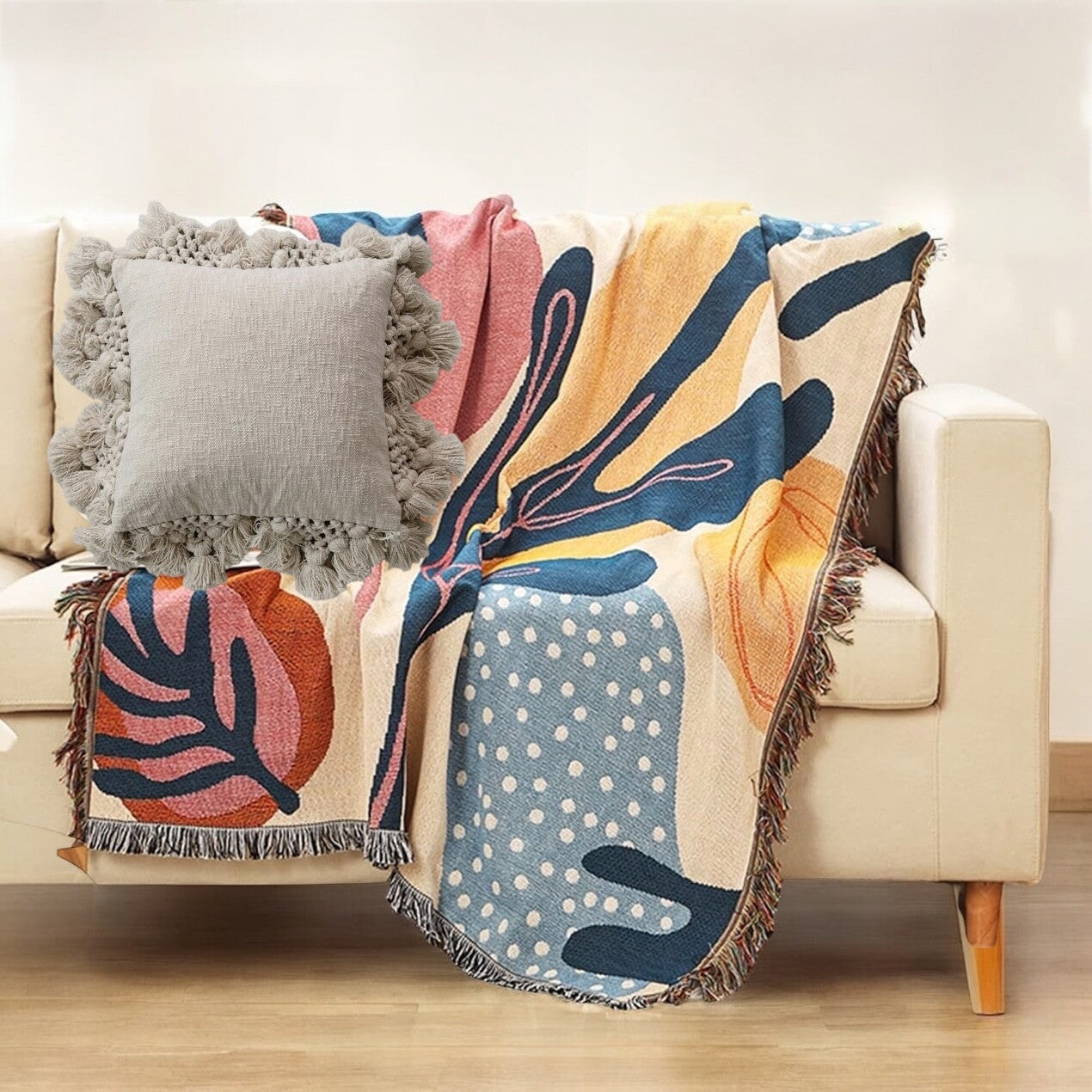 NEW Anthro Boho Abstract Retro Tassel Throw Blanket Bedspread Quilt - 63" x 51"