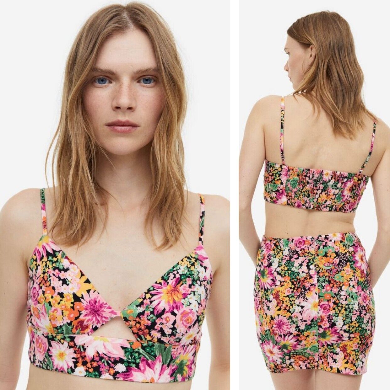 NEW Free People Boho Floral Stretch Crop Top & Mini Skirt Set - Size Medium