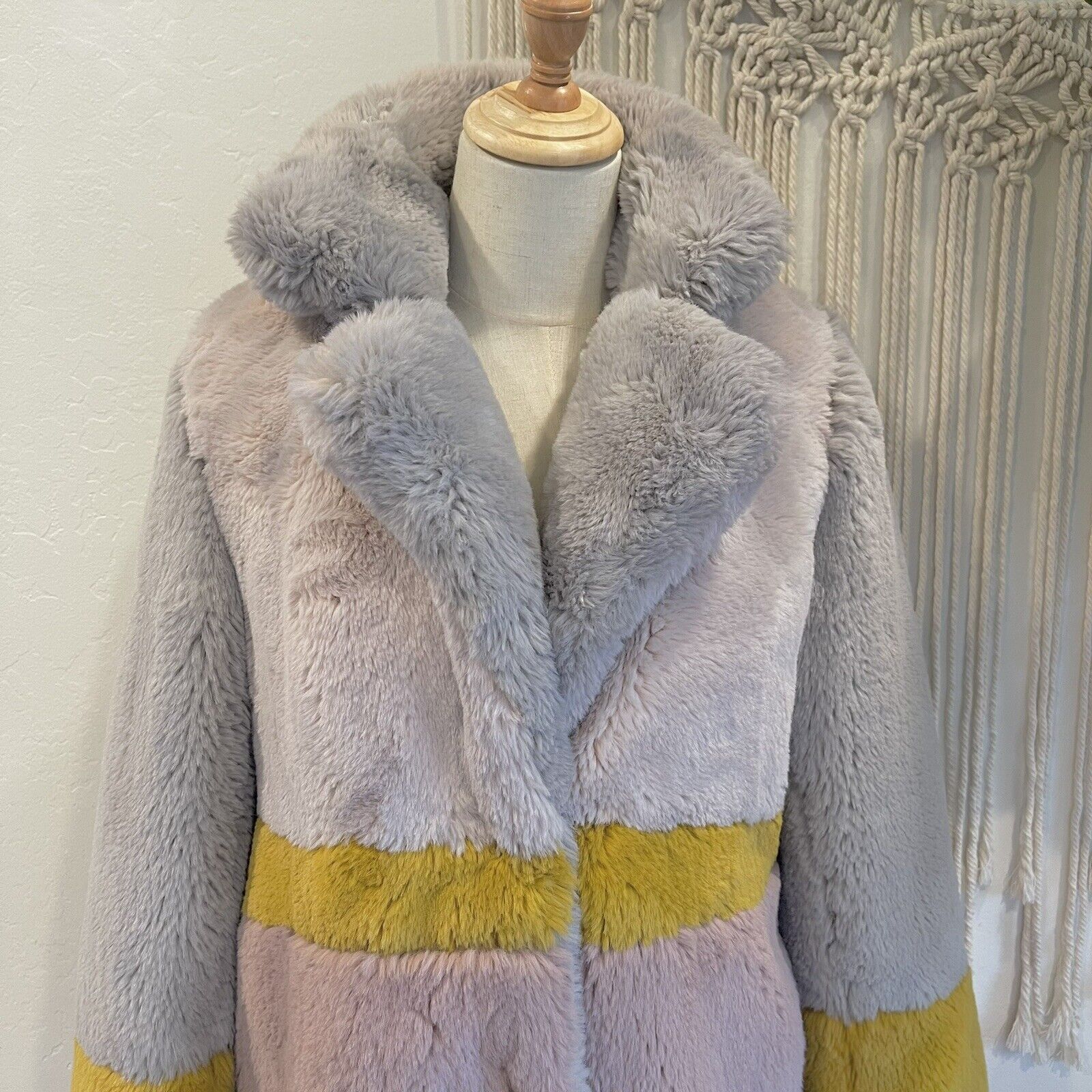 Apparis Lisa Faux Fur Color Block Boho Pink & Yellow Coat Jacket - Size Small