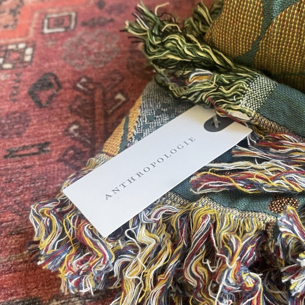 NEW Anthropologie Boho Bird  Blue Tassel Throw Blanket Bedspread Quilt - 50 x 70