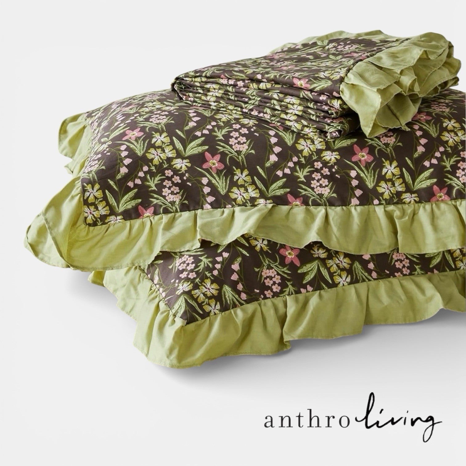 NEW Anthro Green Ruffle Floral Cotton Boho Queen / King Bedding Duvet & Sham Set