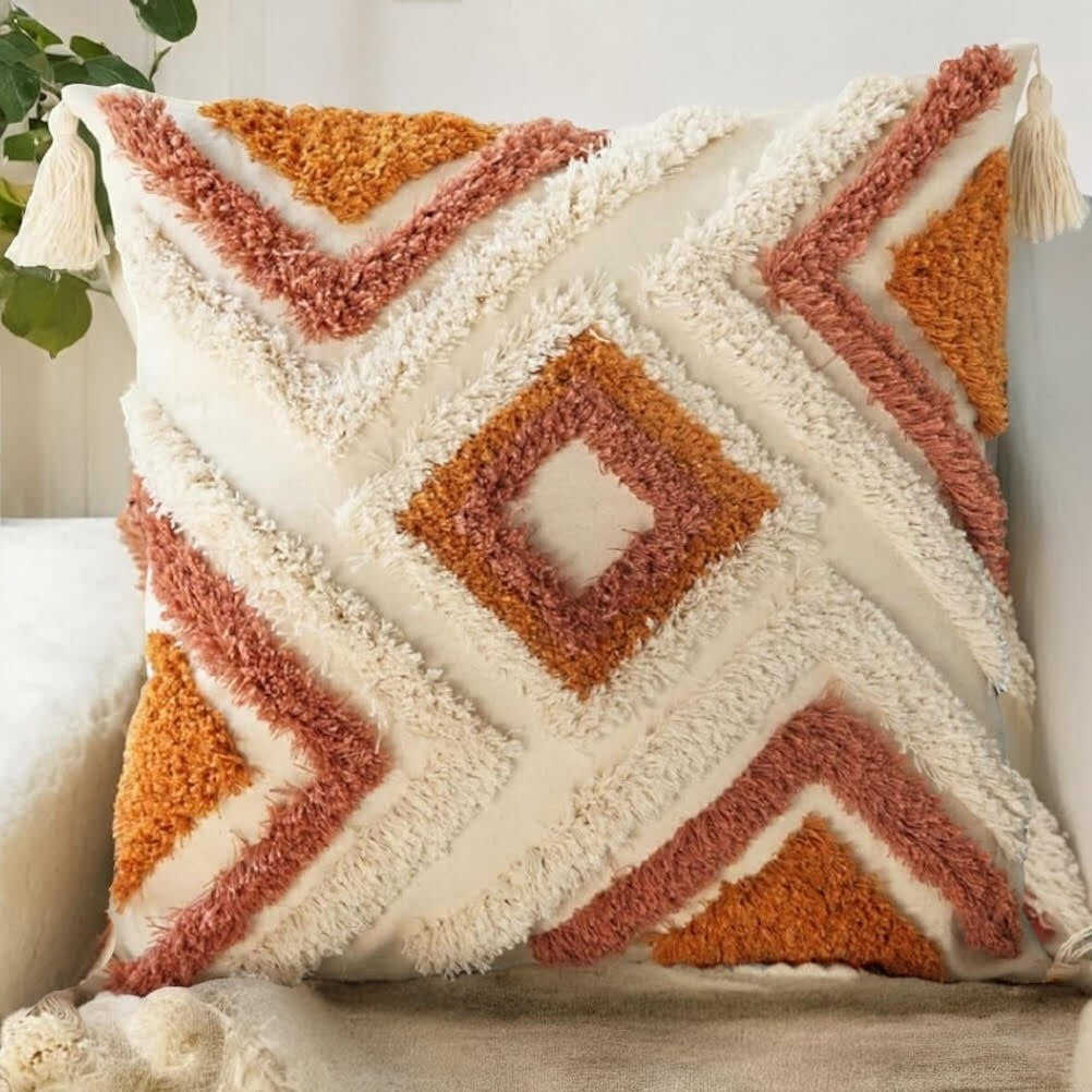 NEW Anthro Orange Diamond Boho Tassel Throw Pillow Case Cover Sham - 18" x 18"