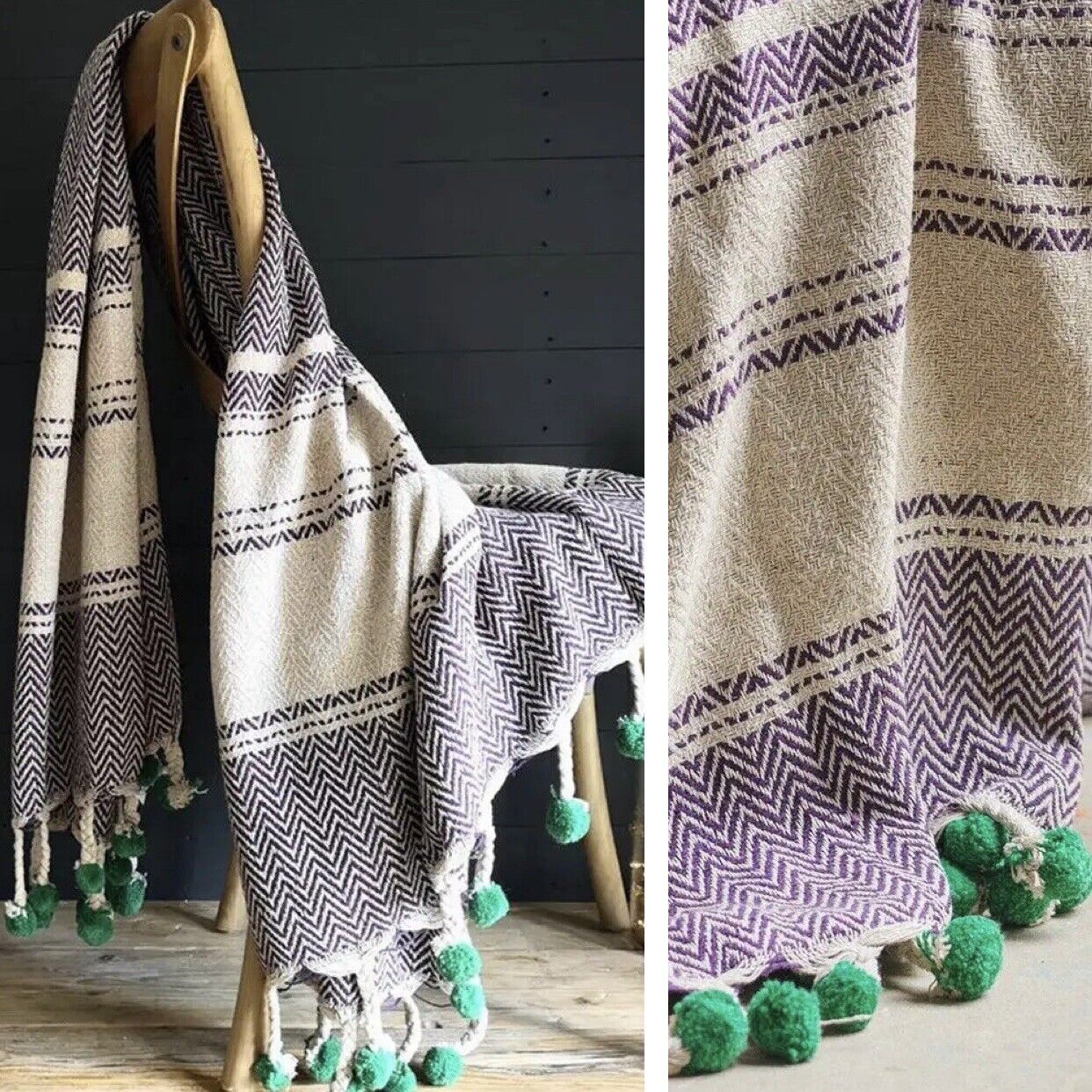 NEW Anthropologie Blue Green Pom Pom Boho Tassel Knit Throw Blanket - 50" x 60"