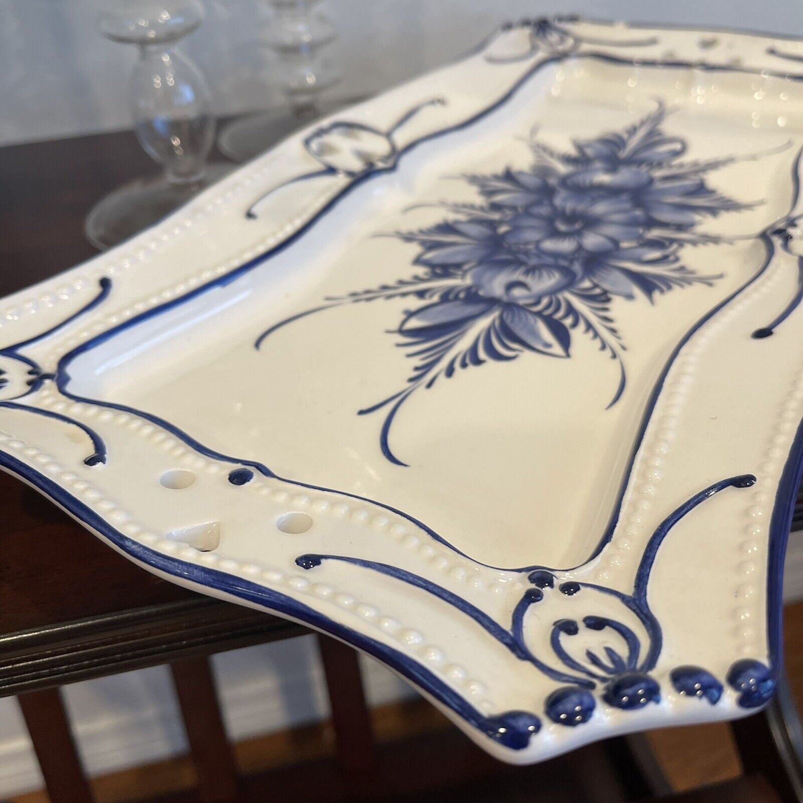 Vintage RCCL Blue & White  Portuguese Floral Painted Ceramic Serving Tray Dish