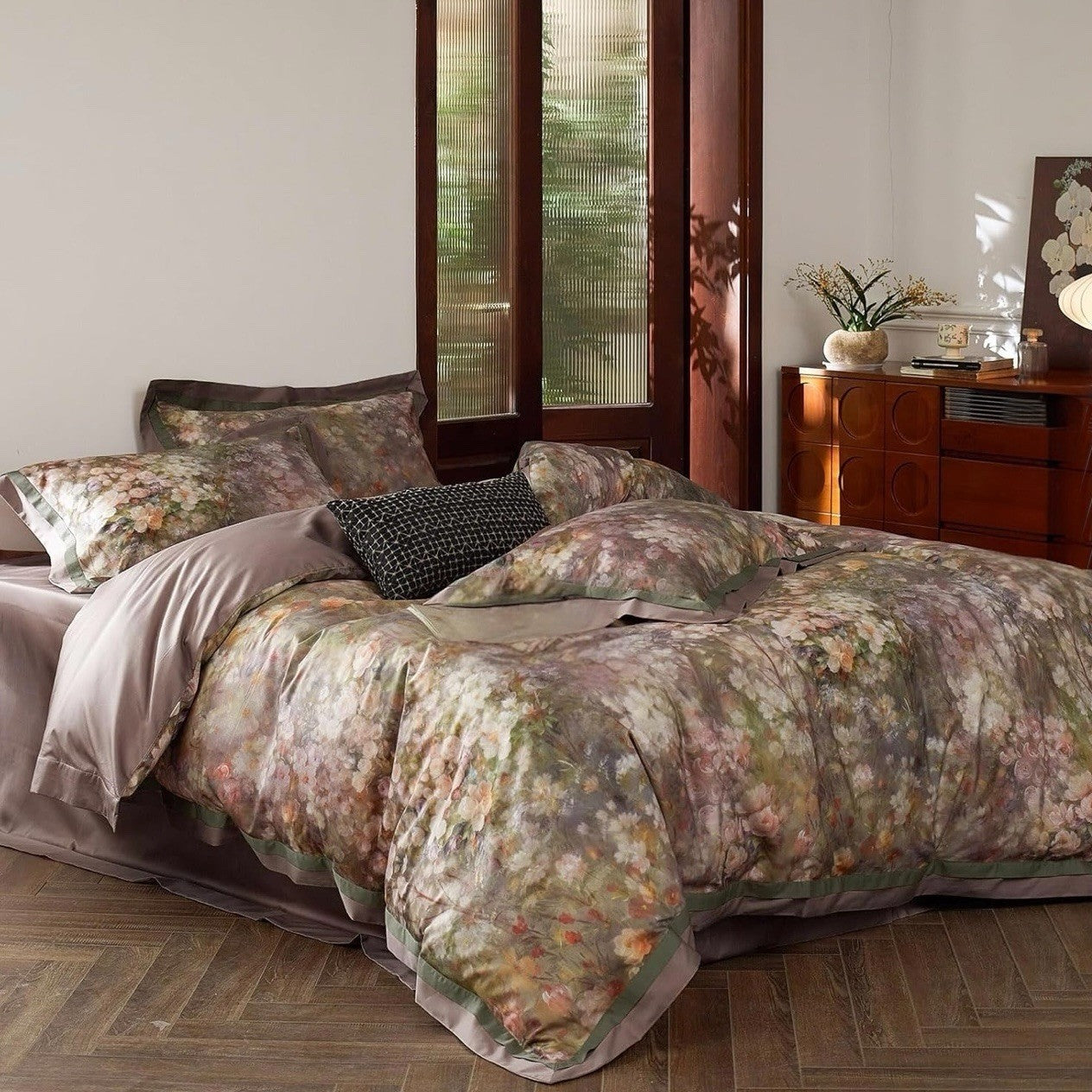 NEW Anthro Blush Pink Silk Floral Boho Cotton Queen Bedding Duvet & Sham Set
