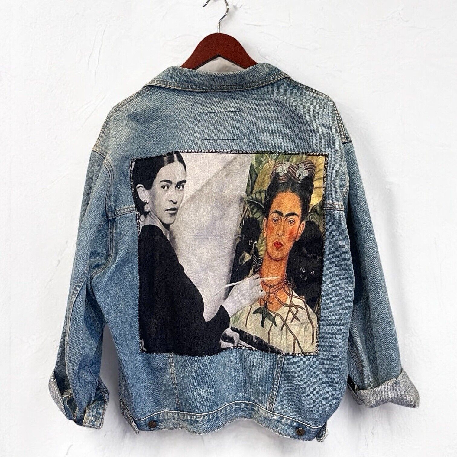 Vintage Mash Painted Frida Kahlo Italian Denim 90s Trucker Jacket - Size Large