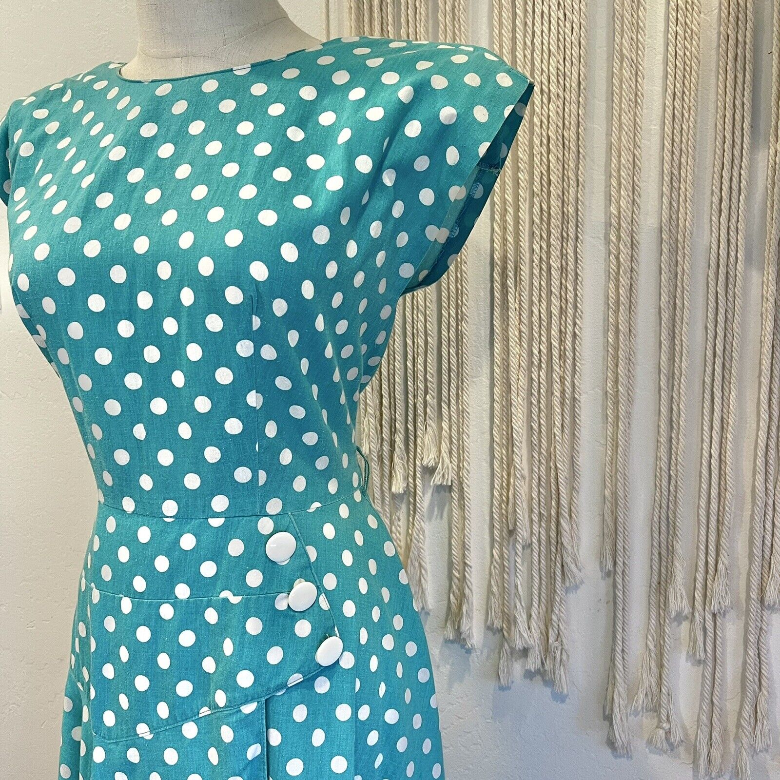 Vintage 1960's Teal & White Polka Dot Button Tea Length Milanzo Dress - Medium