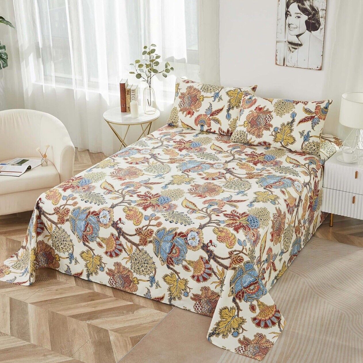 NEW Anthropologie Cream Boho Queen Size Floral Bedding Duvet Sheet Sham Set