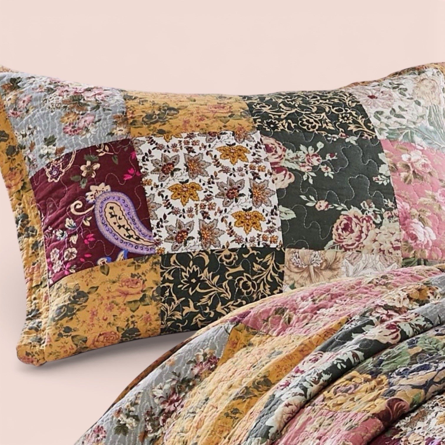 NEW Anthro Cotton Floral Reversible Patchwork Queen King Bedding Quilt Sham Set