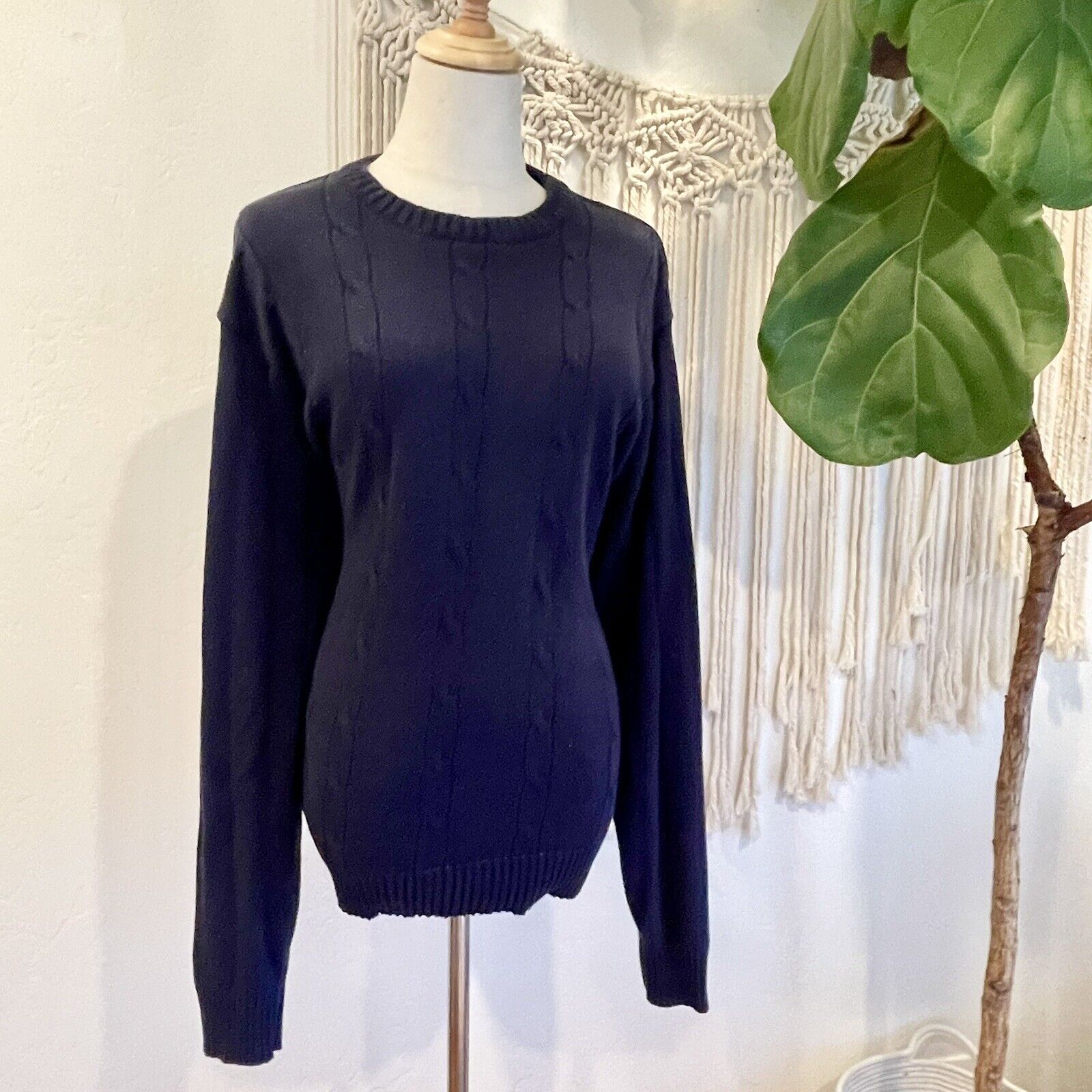 Oscar De La Renta Navy Cable Knit Sweater Shirt | Size Large - 100% Cotton