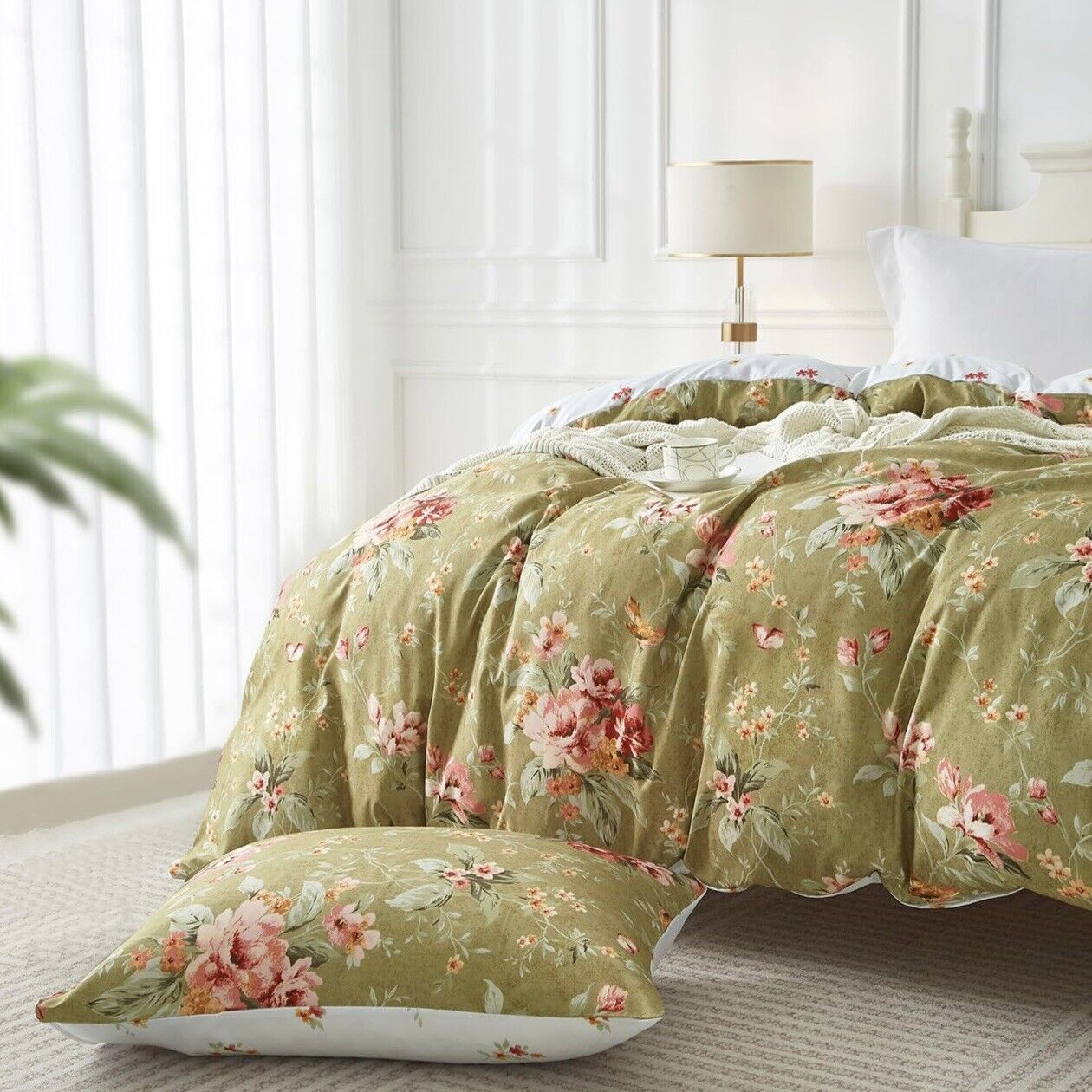 NEW Anthropologie Green Boho Queen Size Reversible Floral Bedding Duvet Sham Set