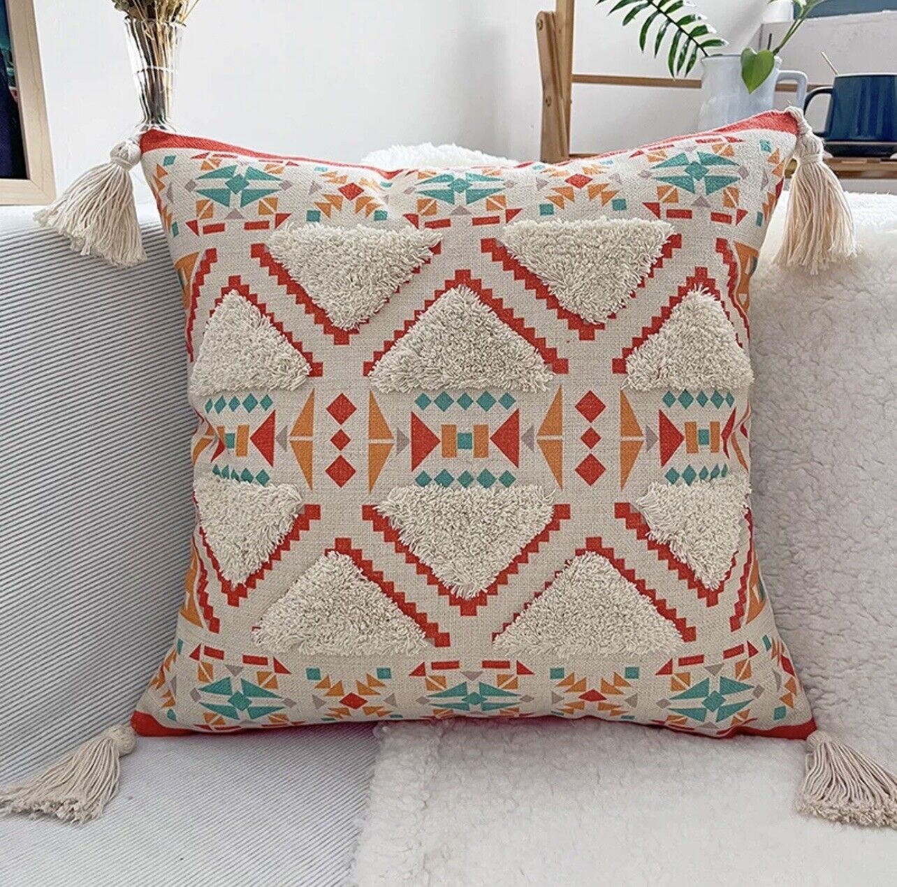 New Anthropologie Boho Abstract Tassel Throw Pillow Case Cover Sham - 18" x 18"