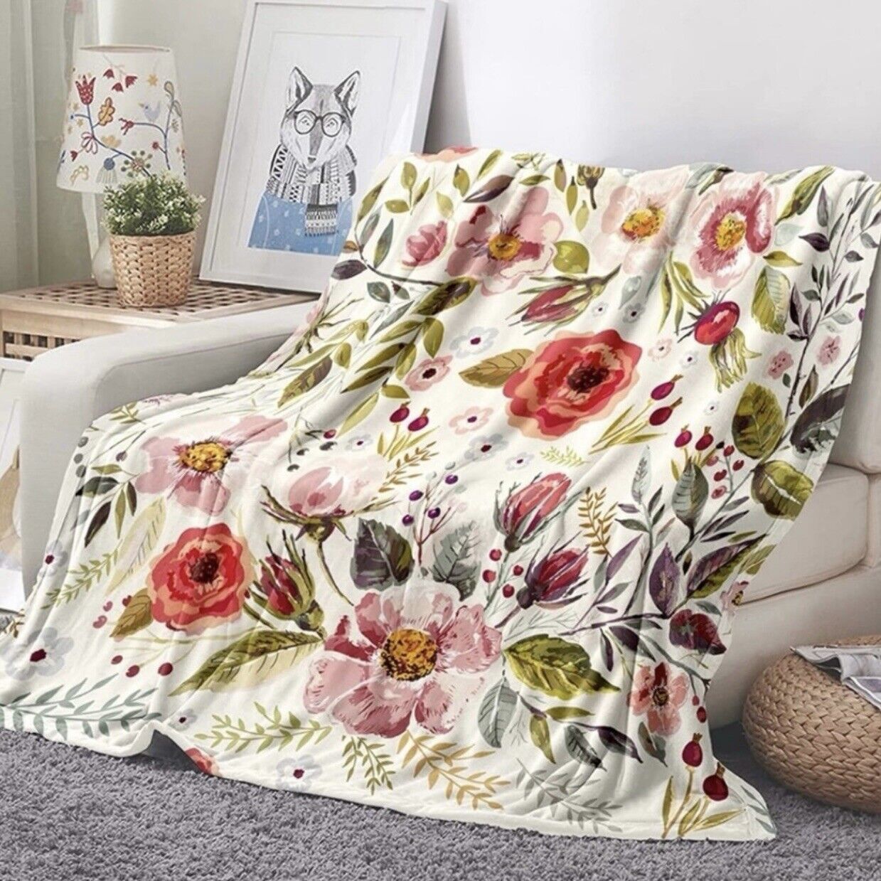 New Anthropologie Boho Floral Fleece Throw Blanket Bedspread Bedding - 80" x 60"