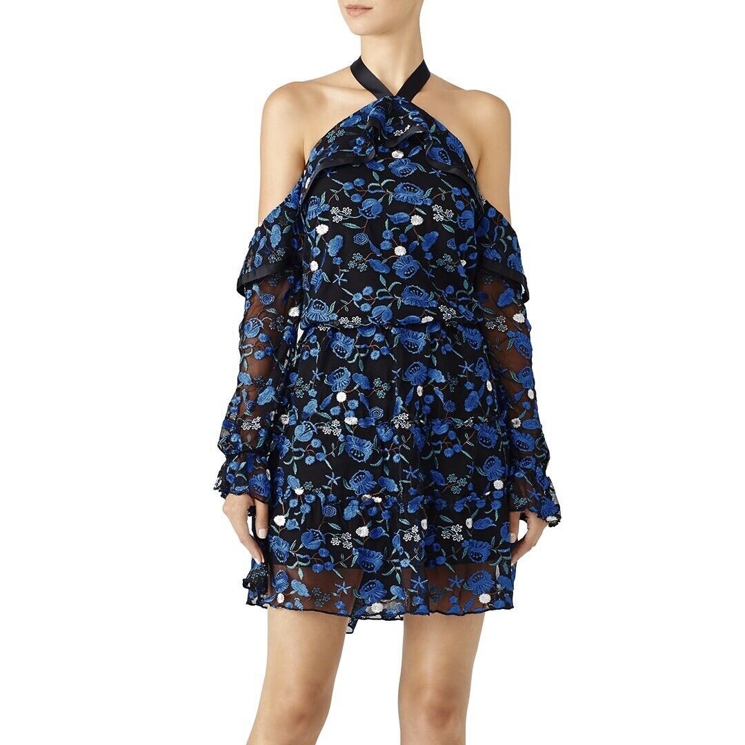 Alexia Admor Blue & Black Embroidered Royal Floral Flutter Sleeve Dress - Size 8