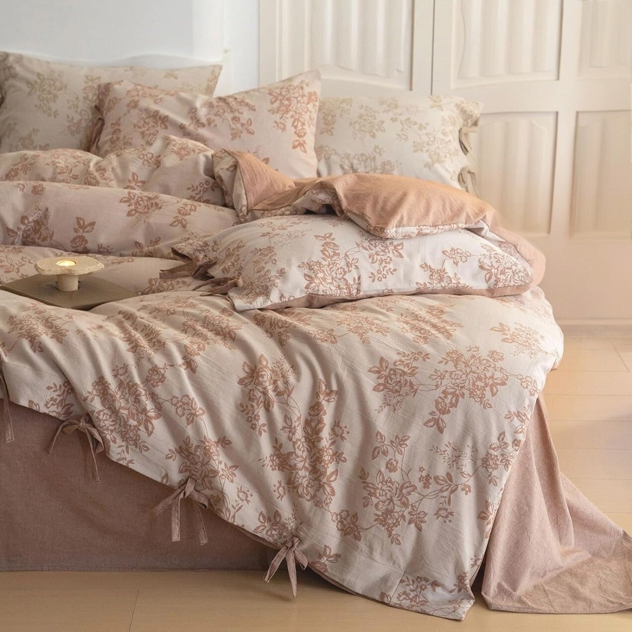 NEW Anthro Pink Floral Jacquard Queen King Linen Cotton Bedding Duvet & Sham Set