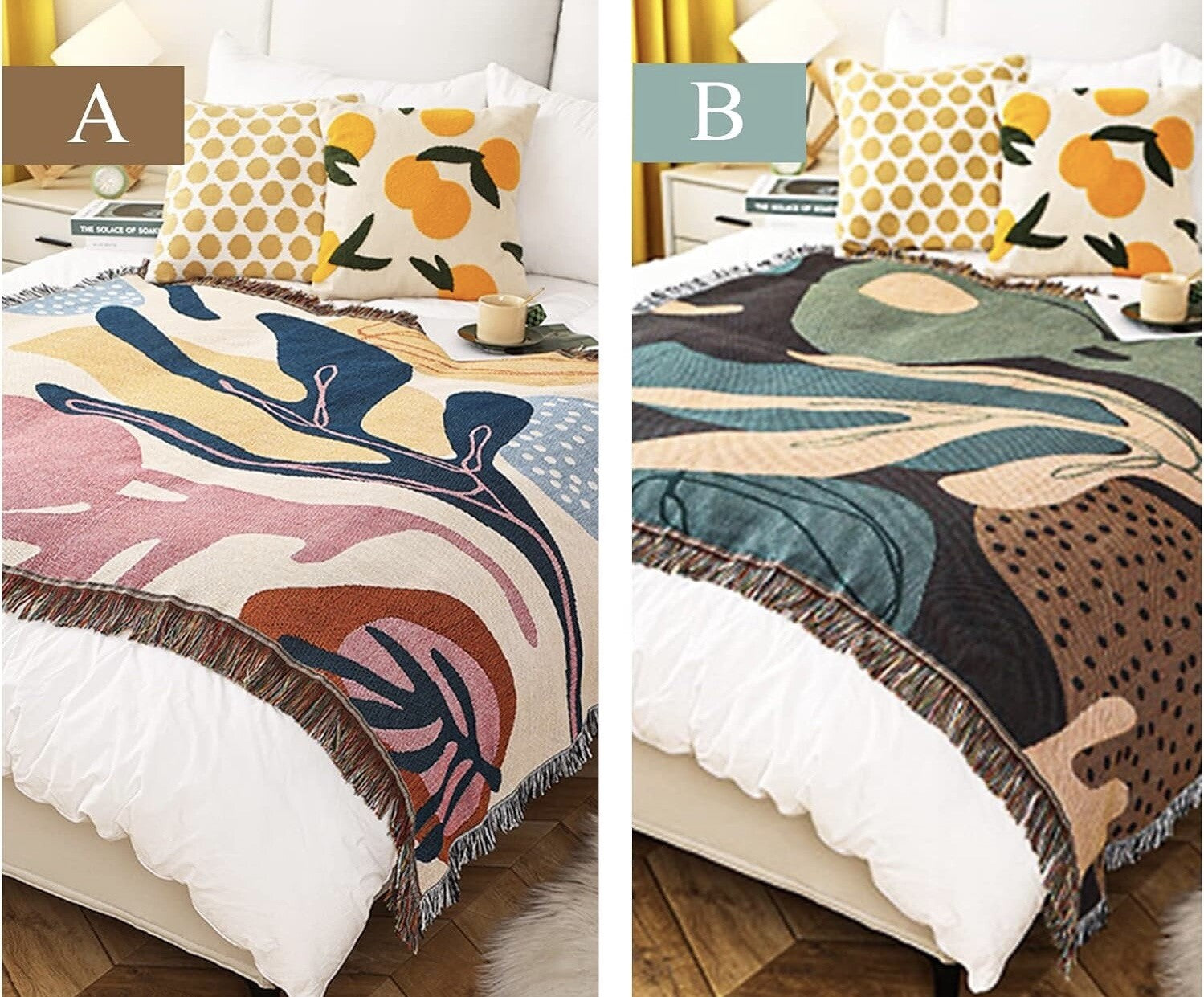 NEW Anthro Boho Abstract Retro Tassel Throw Blanket Bedspread Quilt - 63" x 51"