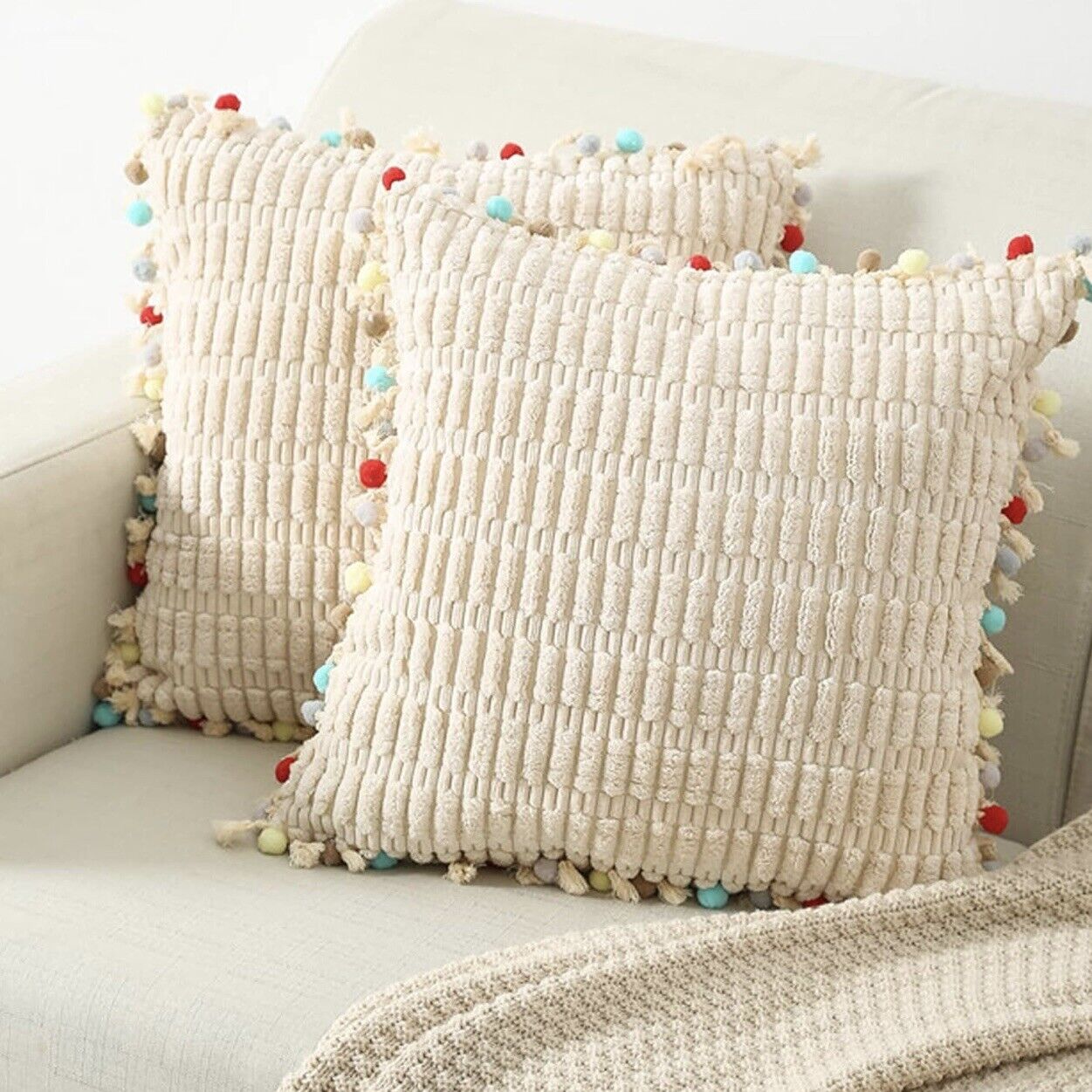 NEW Anthropologie  (Set 2) Boho Tassel Pom Pom Throw Pillow Case Sham 12" x 20"