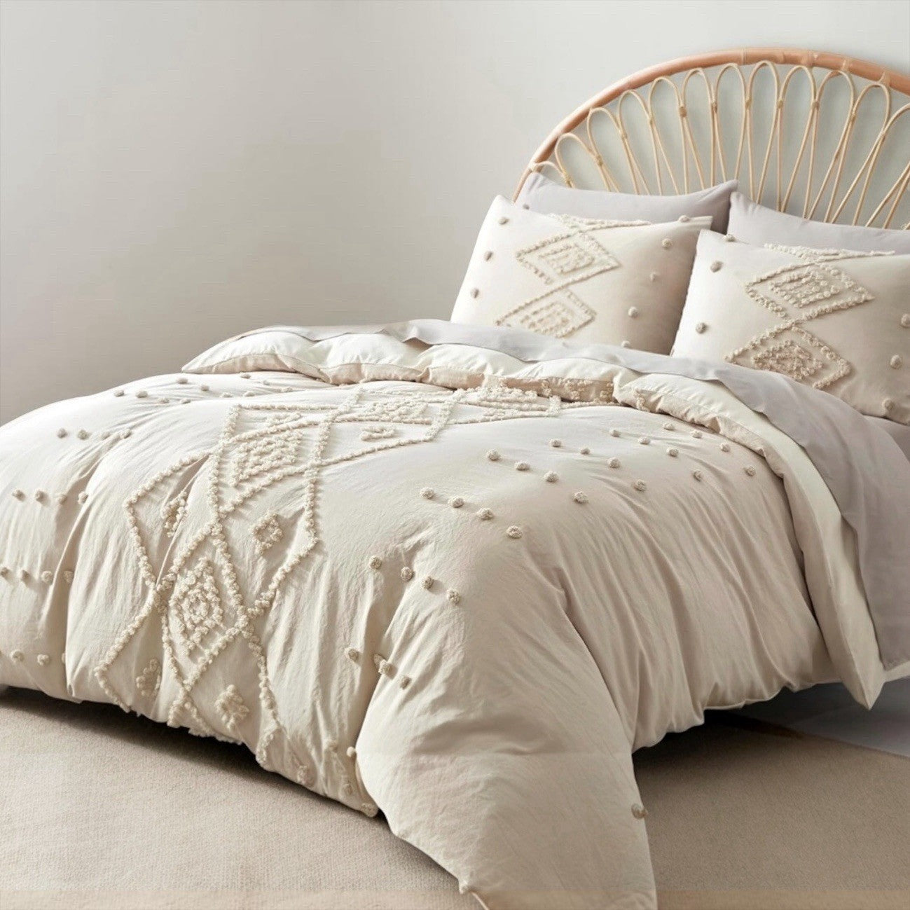 NEW Anthro Beige Cream Boho Queen / King Size Tufted Fringe Bedding Duvet & Sham
