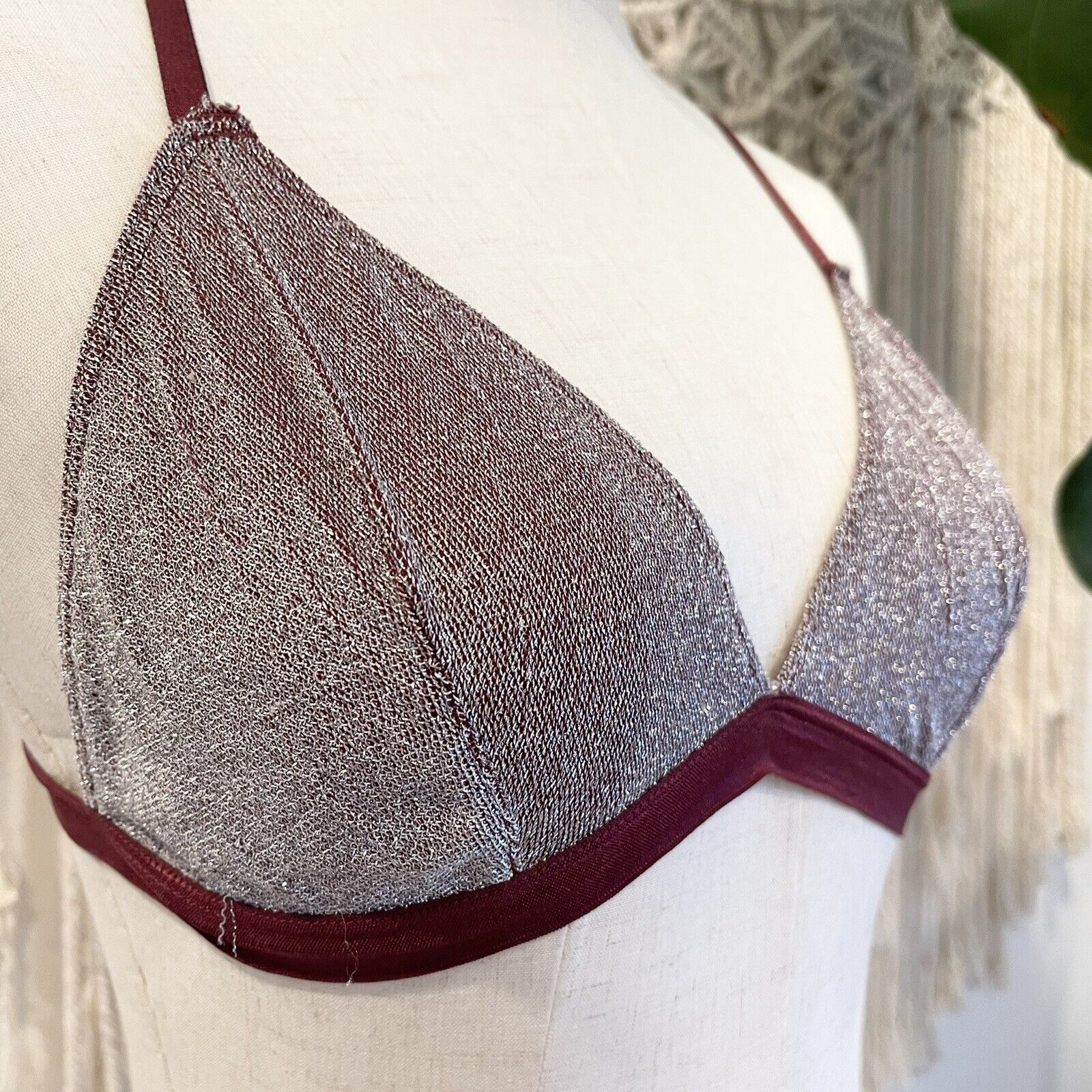 New Free People Glitter Sparkle Maroon Strappy Bra Bralette Crop Top - Large