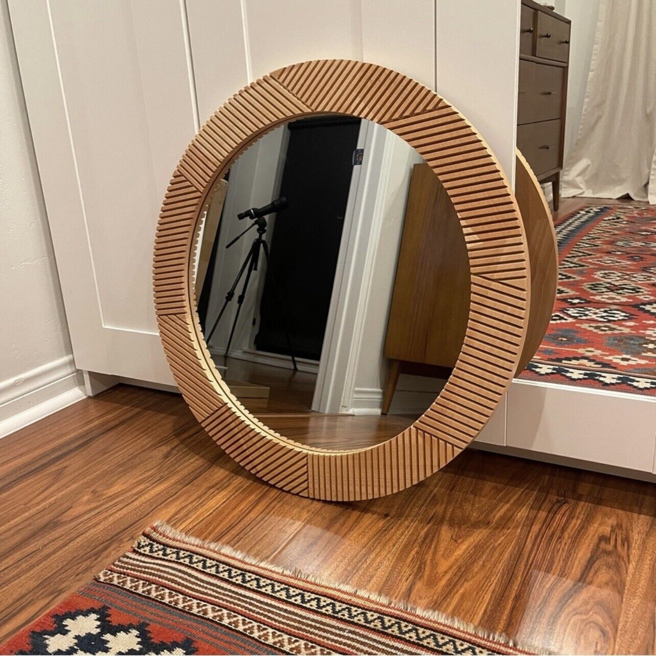 NEW West Elm Large Round Mirror Grooved Wood Boho Wall Hanging Decor - 24” Diam