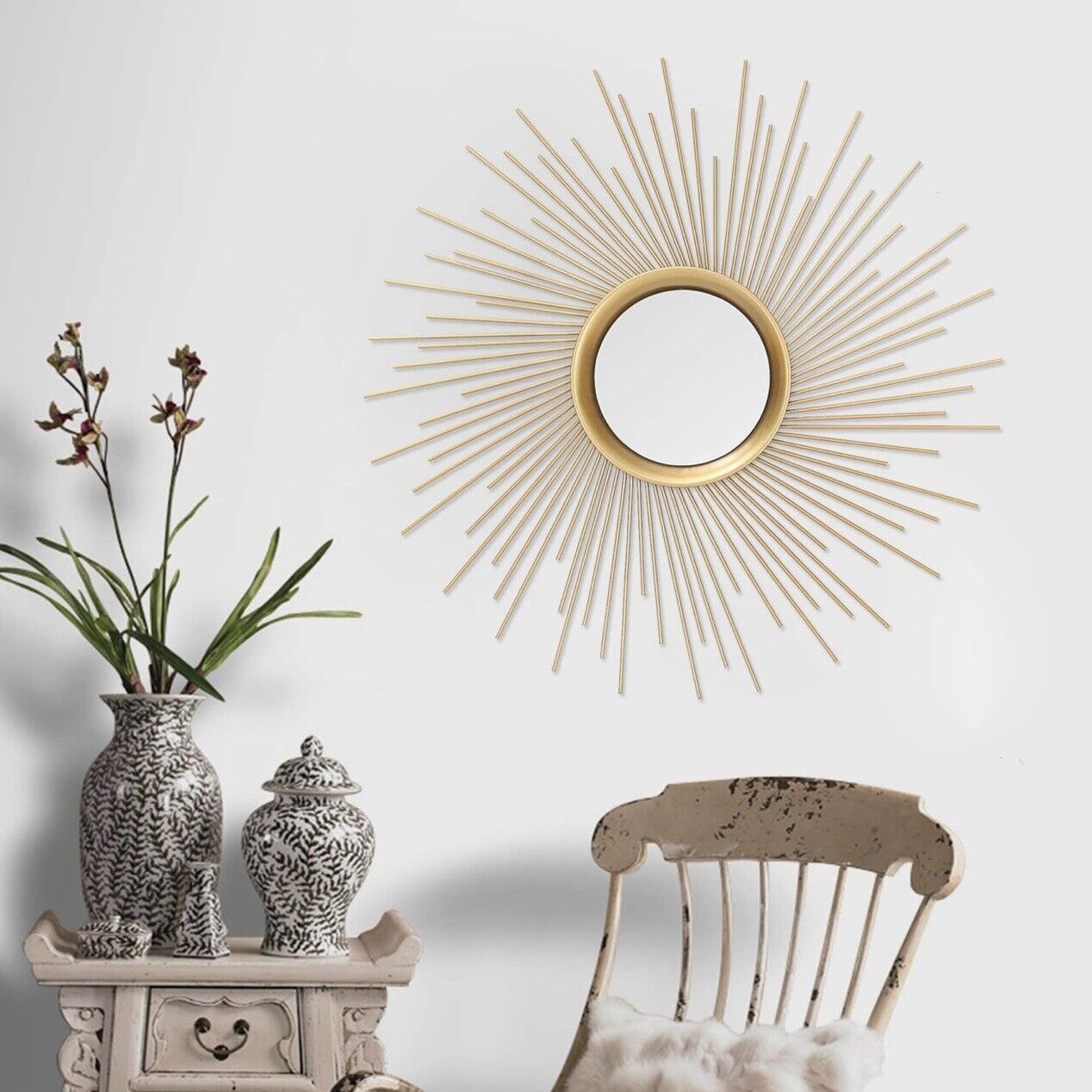 NEW West Elm Gold Retro Starburst Mid-Century Modern Hanging Wall Mirror - 25"