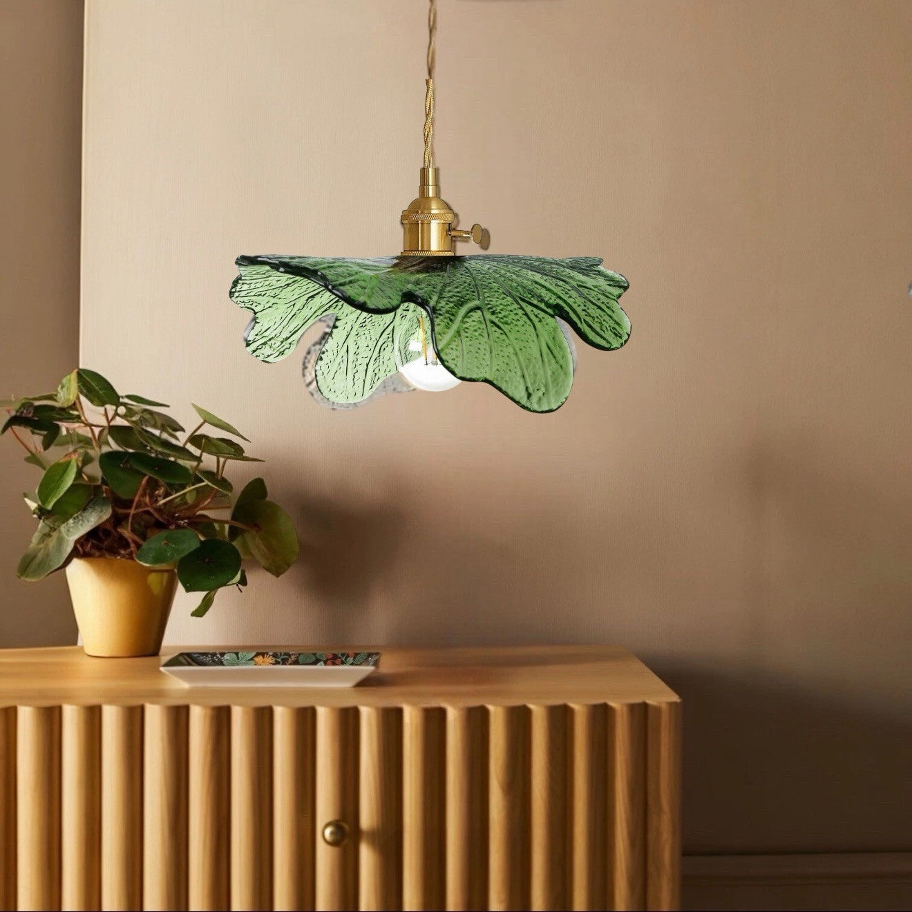 NEW Anthro Vintage Green Glass Hanging Retro Gold Floral Pendant Light Fixture