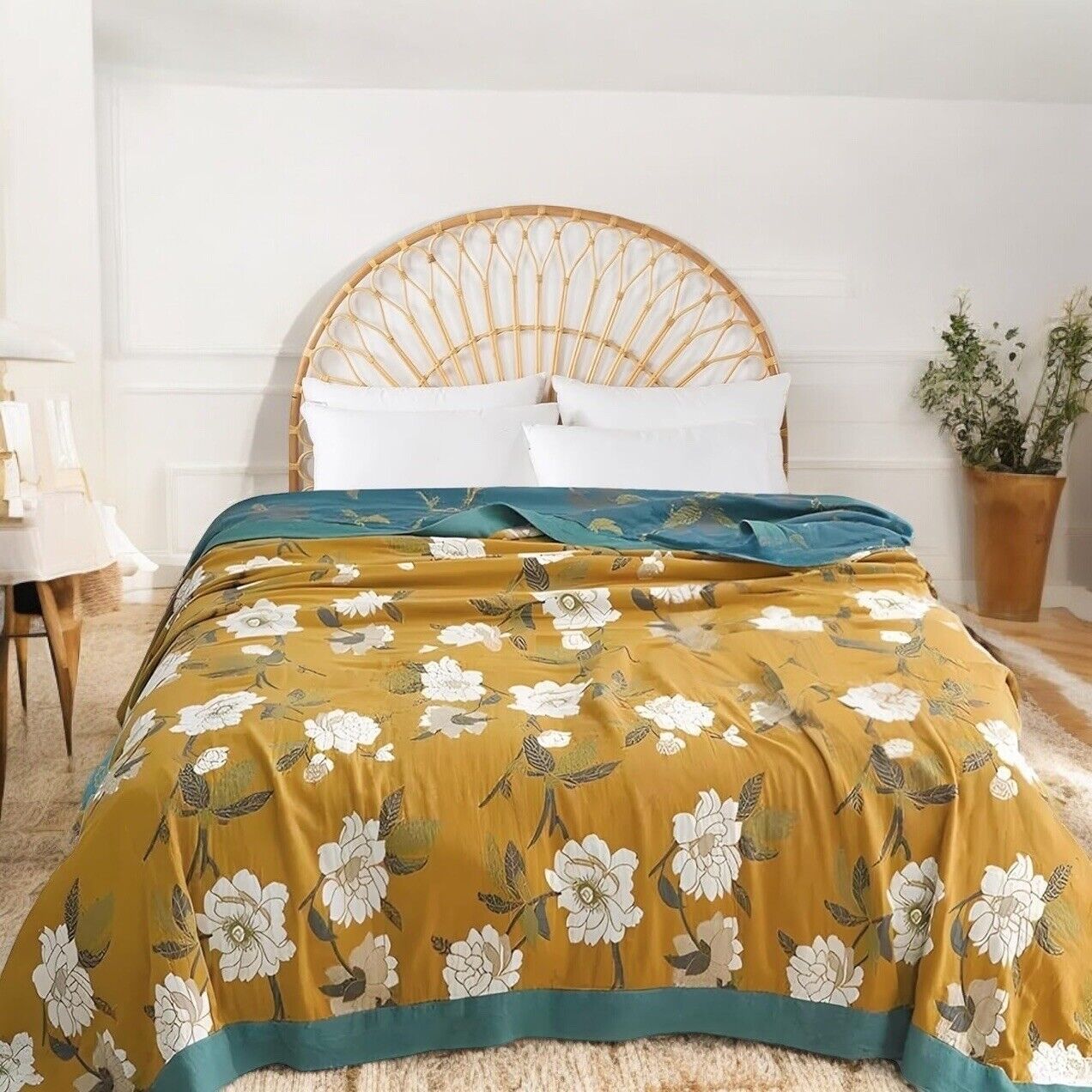 NEW Anthropologie Boho Orange Teal Floral Queen Blanket Bedspread Quilt 80 x 90