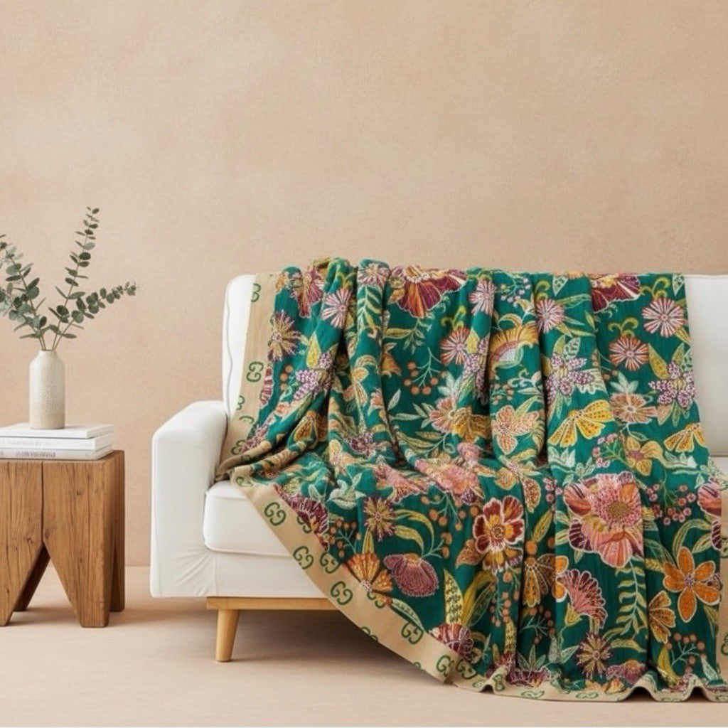 NEW Anthro Boho Teal Floral Reversible Queen Blanket Bedspread Quilt 80" x 90"
