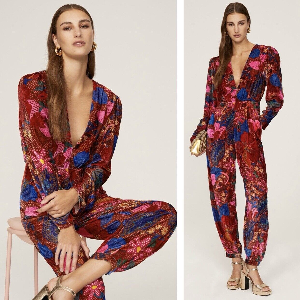 FARM Rio Velvet Red Floral Print Snake Garden Boho Jumpsuit - Size Large