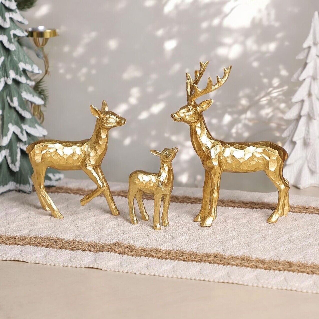 NEW West Elm Boho Geometric Gold Resin Holiday Christmas Reindeer Figures Set 3