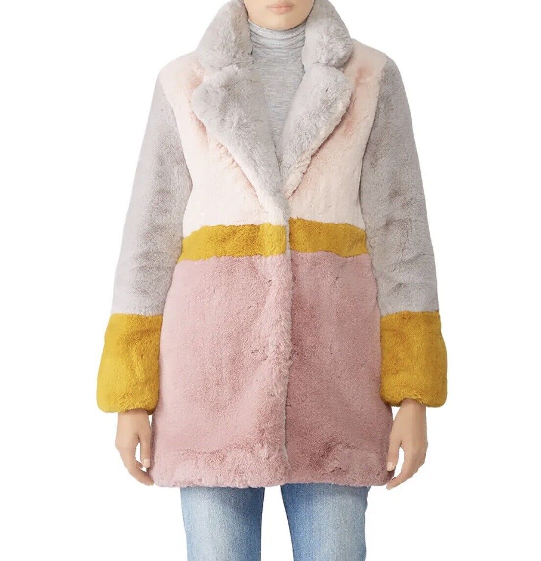 Apparis Lisa Faux Fur Color Block Boho Pink & Yellow Coat Jacket - Size Small