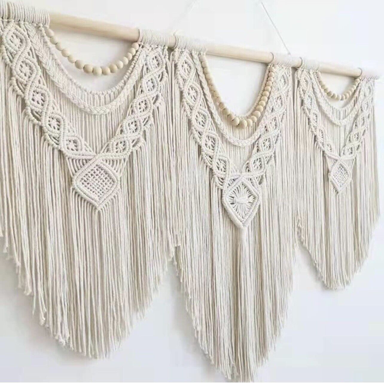 NEW Anthropologie Large Boho Tapestry Macrame Woven Beaded Wood Wall Hanging