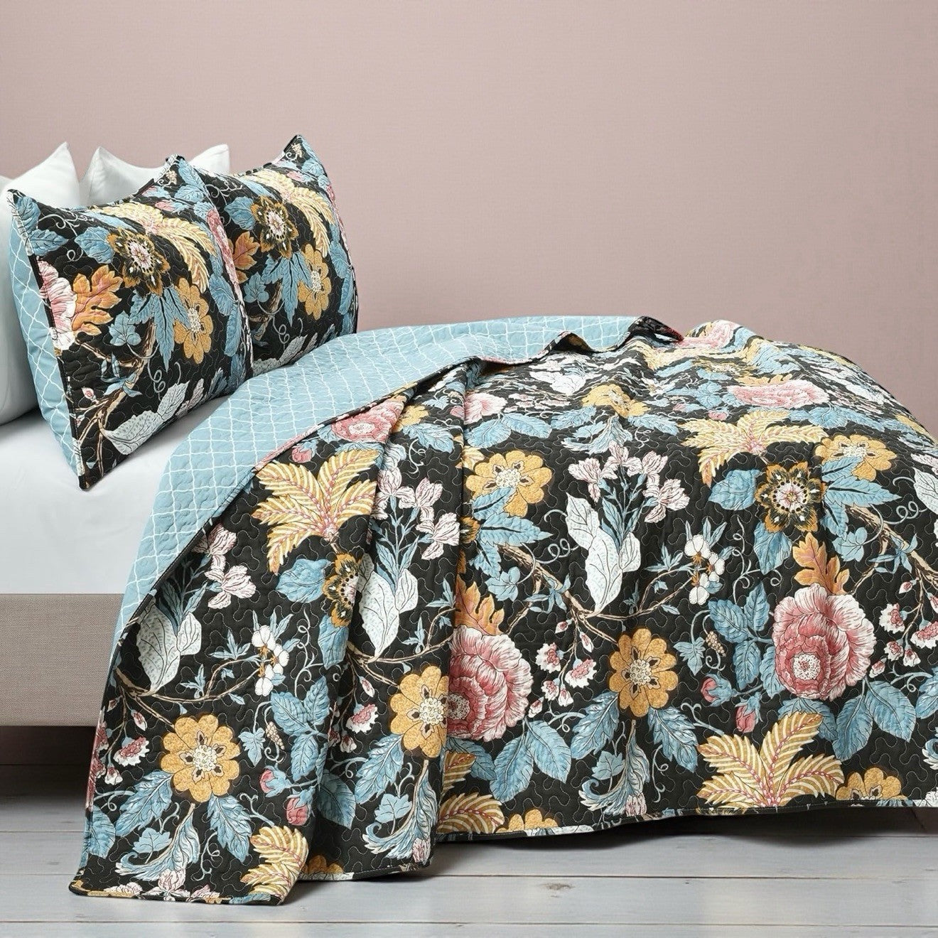 NEW Anthro Cotton Floral Reversible Boho Queen / King Bedding Quilt & Sham Set
