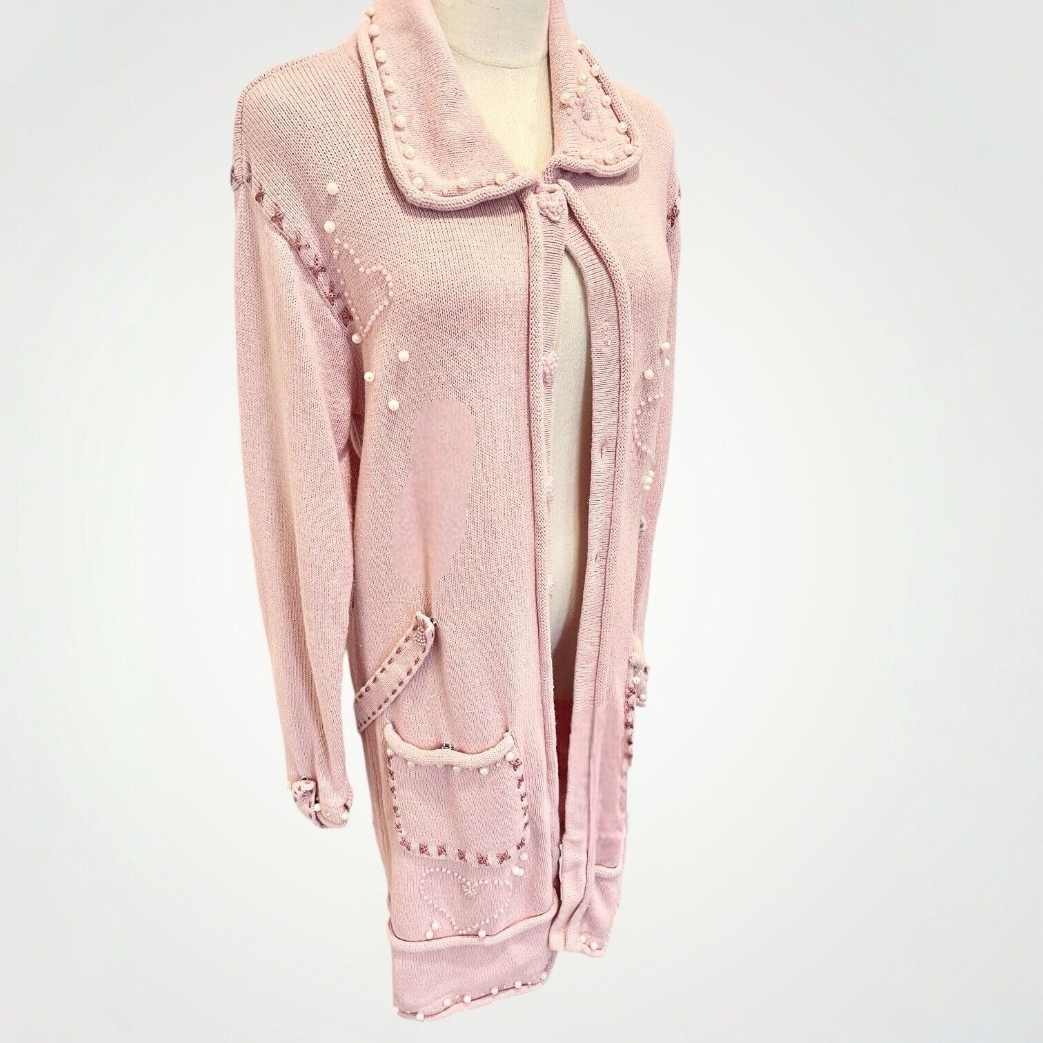 Vintage Storybook Knits Pink Heart Embroidered Pearl Sweater Duster - Medium