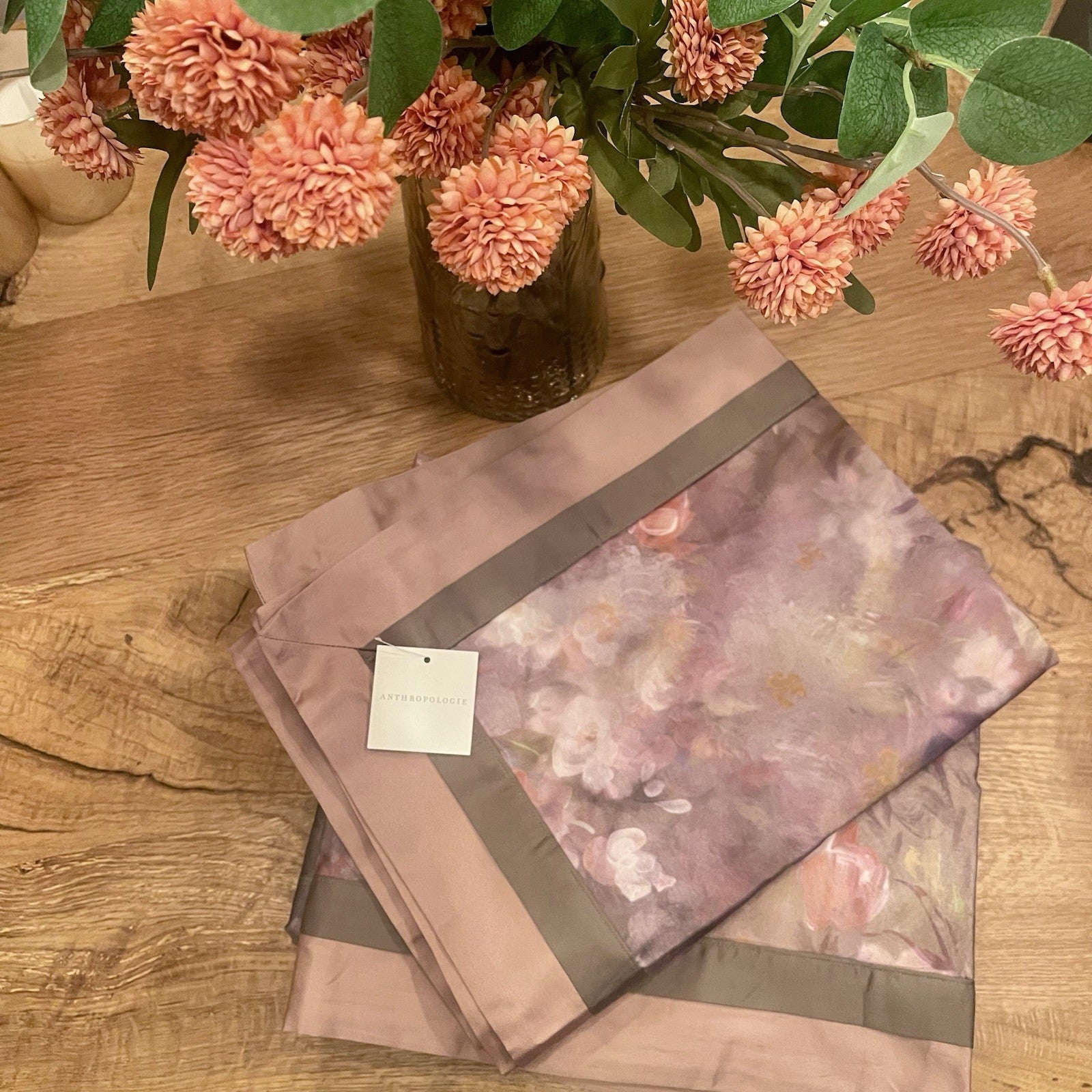 NEW Anthro Blush Pink Silk Floral Boho Cotton Queen Bedding Duvet & Sham Set