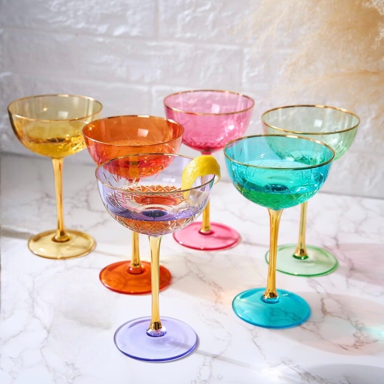 NEW Anthropologie Set 6 Vintage Art Deco Etched Champagne Coupe Glasses Barware