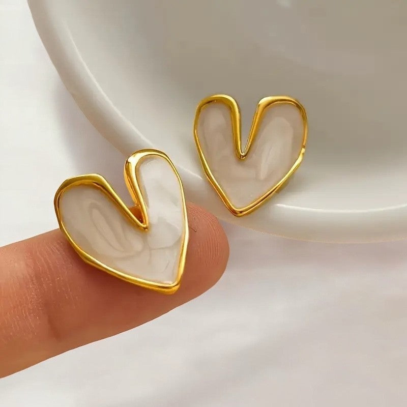 NEW Anthropologie White & Gold Plated Boho Heart Stud Abstract Earrings Jewelry