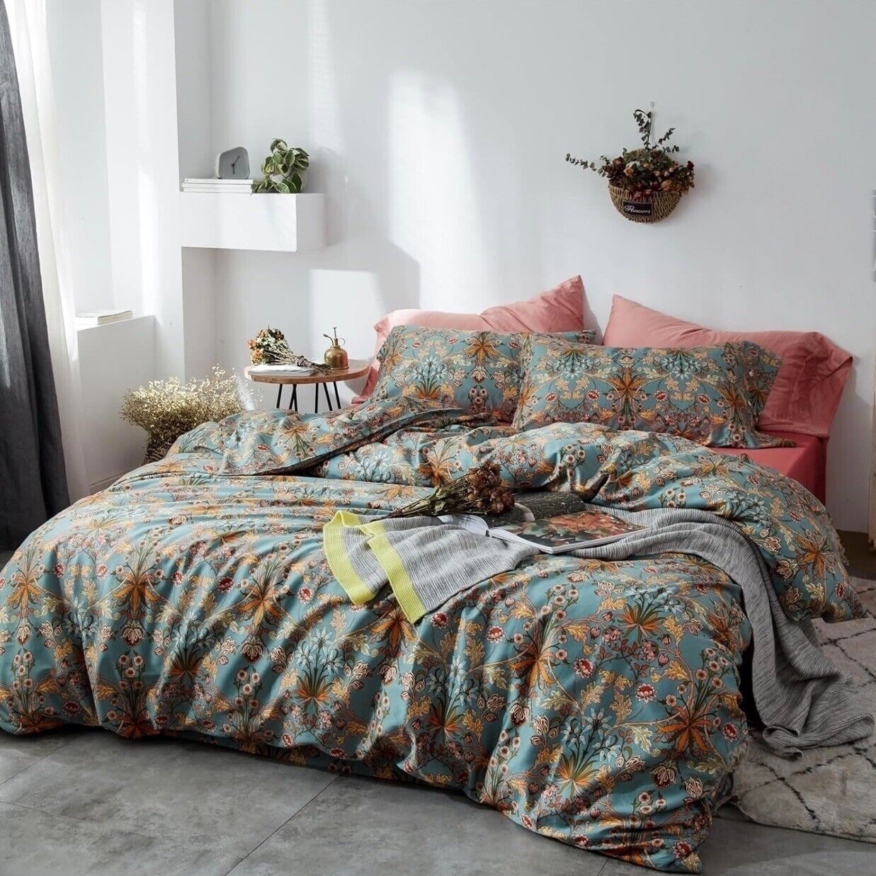 NEW Anthropologie Blue Orange Boho Queen Size Bedding Duvet Floral Sham Case Set